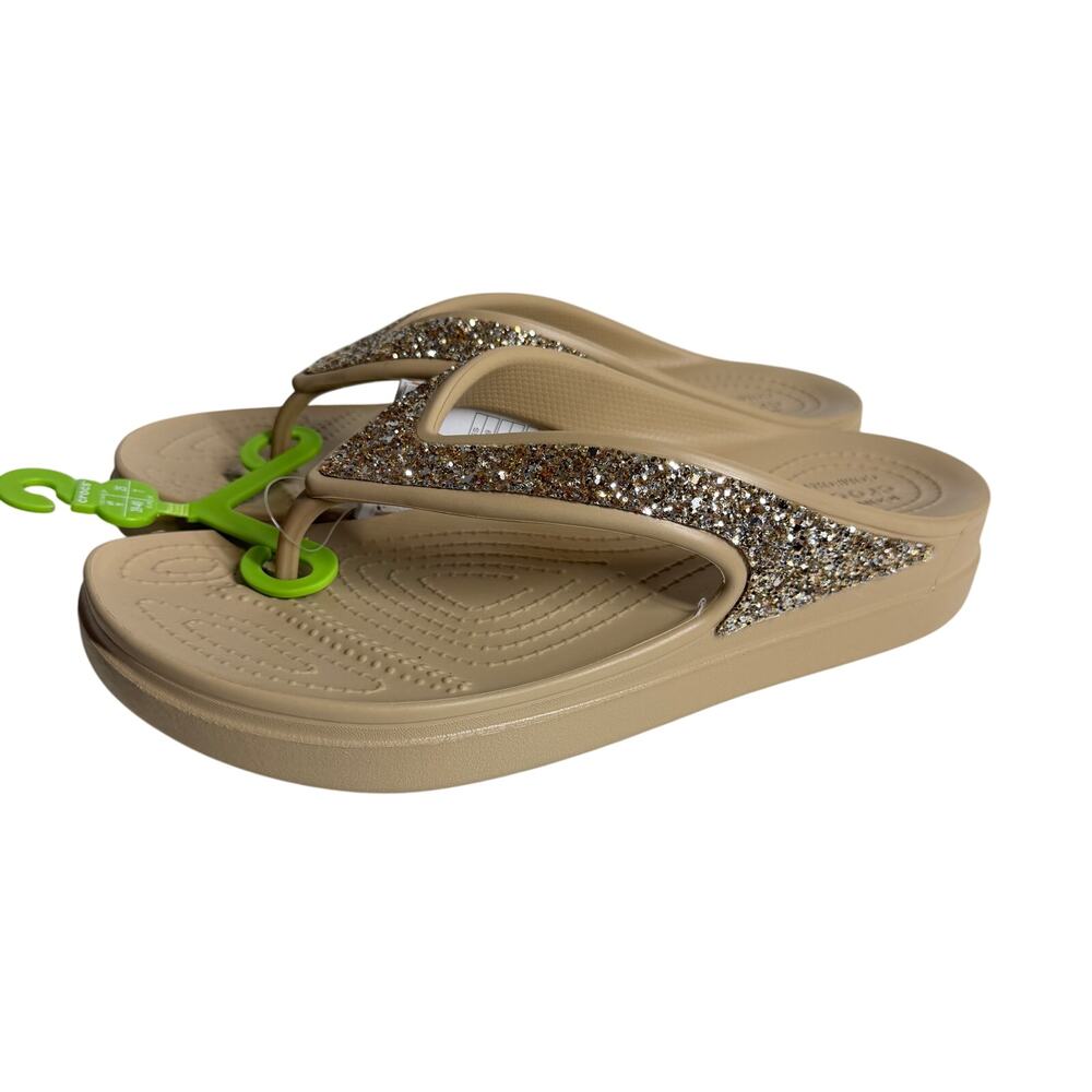 NWT Crocs Women Sloane Glitter Flip Flops Tan/Gold Shimmer comfy platform size 9 - Picture 10 of 14